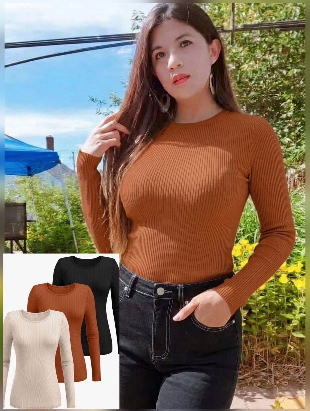 3pcs Ribbed Long-Sleeve Knit Tops Set - Fall Winter Casual Clothes